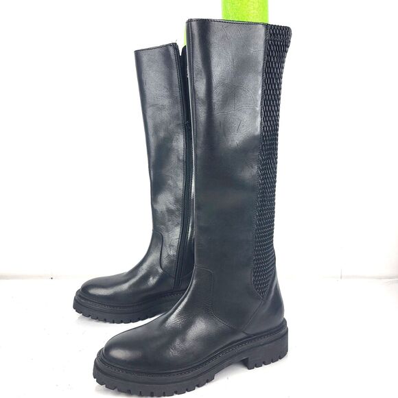 GEOX Respira Black Leather Tall Knee High Boots Round toe side zip Size 38 - Picture 1 of 13